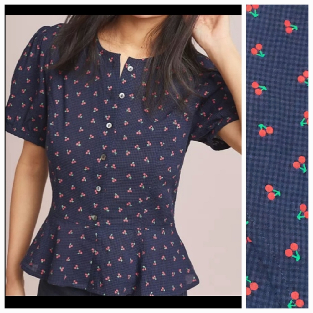 Anthropologie dRA Cherry Peplum Cotton Puff Sleeve Top Blouse Size XS